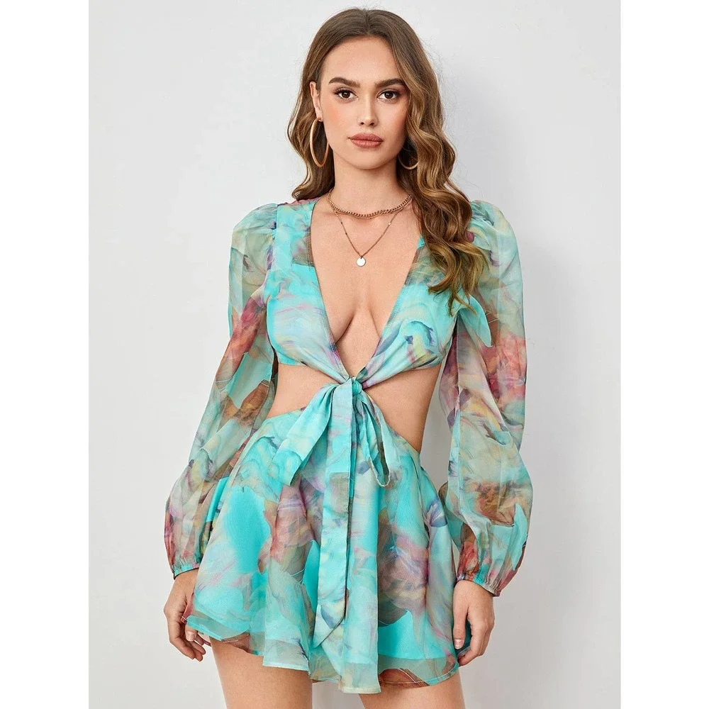 boho Lantern Sleeve Knot Cutout Waist Chiffon Romper - Picture 11 of 11